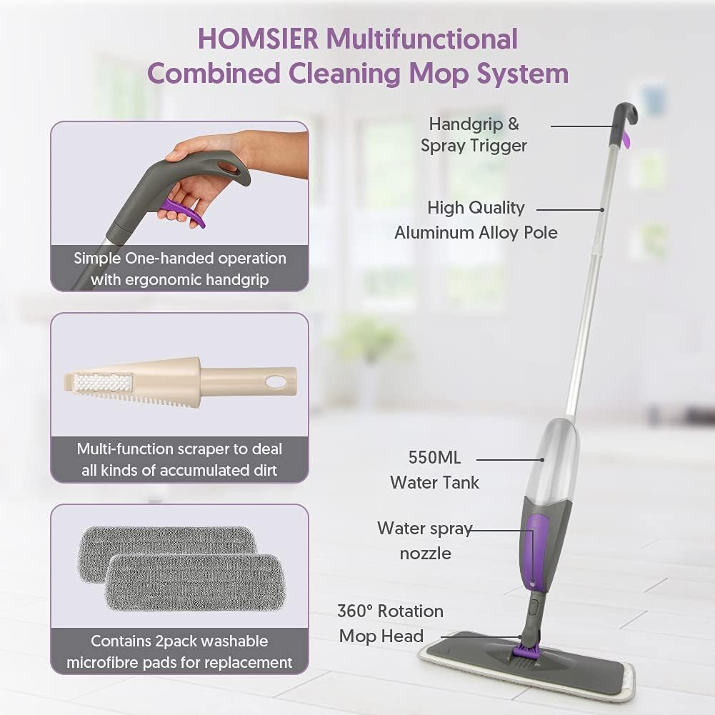 Spray Mops for Floors Cleaning,  Microfiber Flat Floor Mop Wet Dry with 550ML Refillable Bottle 2 Washable Pads Replacement for Wooden Laminate Tile Marble Kitchen