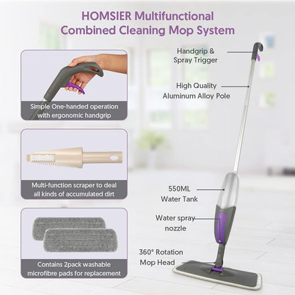 Spray Mops for Floors Cleaning,  Microfiber Flat Floor Mop Wet Dry with 550ML Refillable Bottle 2 Washable Pads Replacement for Wooden Laminate Tile Marble Kitchen