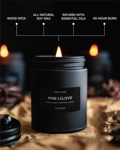 Premium Pine & Clove Candle | Black Scented Candles for Home | Long Lasting with 45 Hour Burn Time, 7.6Oz | Soy Candles | Aromatherapy at Home
