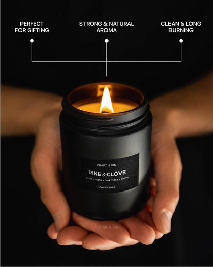 Premium Pine & Clove Candle | Black Scented Candles for Home | Long Lasting with 45 Hour Burn Time, 7.6Oz | Soy Candles | Aromatherapy at Home